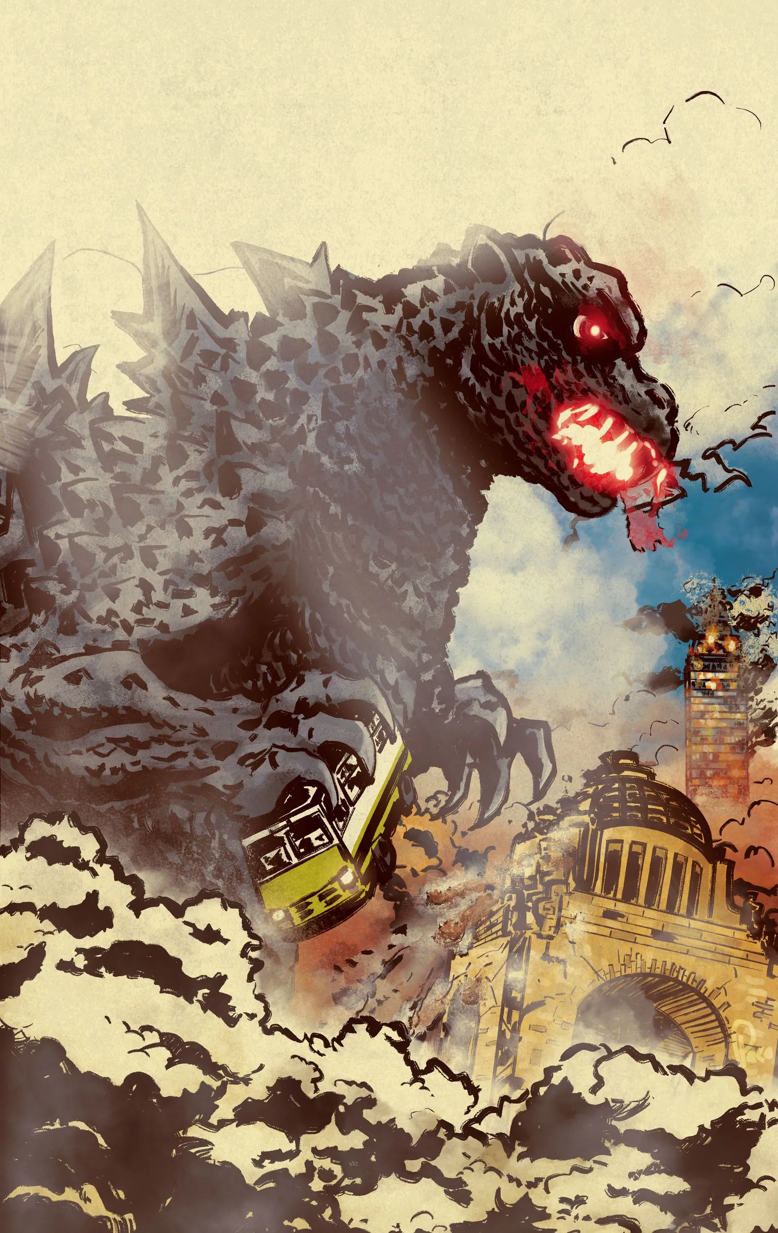 Ilustración del cartel: un monstruo gigante arrasa la Ciudad de México, sostiene un microbús entre las garras junto al Monumento a la Revolución y la Torre Latinoamericana en llamas.
